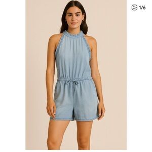 Anthropologie Cloth Stone chambray blue halter romper size large casual summer‎